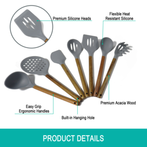 7 Piece Kitchen <b>Tools</b> Cookware Wares Accessories Acacia Wooden Bamboo <b>Silicone</b> Appliances and Cooking Utensils Set - Product Image 2