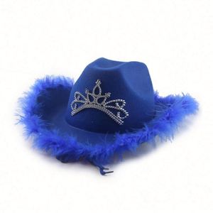 Chapeaux de cowgirl style western en promotion pour femmes et filles, chapeau de fête à bordure en plumes, chapeaux de cowboy roses avec couronne - Product Image 4