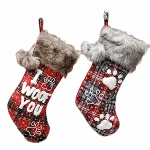 Wholesale Bulk Luxury Faux Fur Cuff Plaid Pet <strong>Dog</strong> Embroidery <strong>Christmas</strong> <strong>Stockings</strong> - Product Image 1