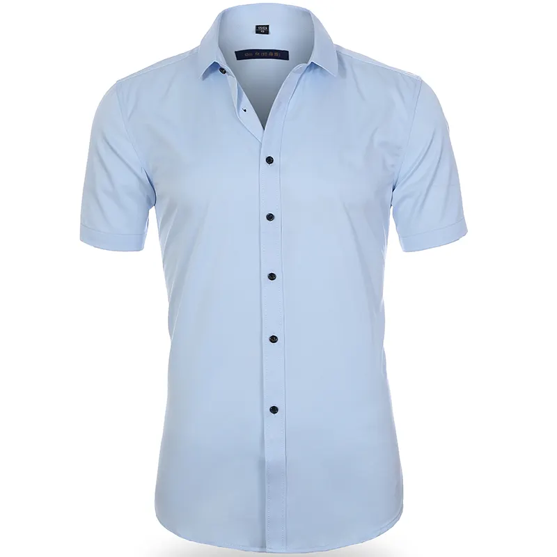 Wholesale Elastic Bamboo Fiber Men's Short Sleeve Shirt Small Collar Free Iron Slim Fit Solid Color Men's Shirt