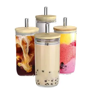 Wholesale Beer Can Shaped Drinking Glasses 16oz 20oz Glass Cups With Bamboo Lid and Straw for Smoothie, Boba Tea, Water