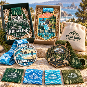 Médailles de finisseur personnalisées pour la course sur sentier et les courses côtières avec des motifs en relief montagne et océan et rubans imprimés personnalisés OEM - Product Image 2