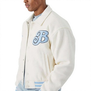 Veste varsity blanche pour homme, lettres brodées bleues, style preppy, col mandarin, coupe classique, vêtements d'hiver, 100% coton/laine - Product Image 5