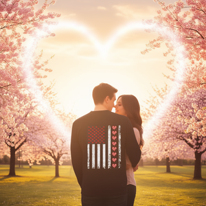 T-shirt a maniche lunghe con cuori della bandiera americana per San Valentino per coppie - Product Image 3