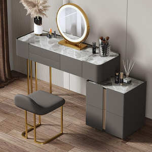 Ensemble de <span class=keywords><strong>commode</strong></span> moderne en bois massif avec miroir éclairé réglable et tabouret, coiffeuse minimaliste pour chambre à coucher, 2 tiroirs - Product Image 3