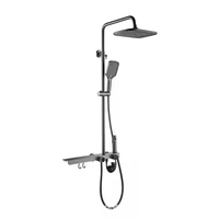 Ensemble de douche cascade gris anthracite à quatre modes avec mitigeur eau chaude et froide en laiton et plateau de rangement pour salle de bain