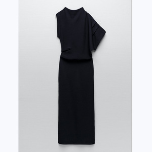 ODM&amp;OEM Professional Manufacturer Spring Summer Women 100% Worsted Merino Wool Asymmetric <strong>Navy</strong> Draped Knee-Length Casual <strong>Dress</strong> - Product Image 3