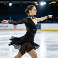 Robe de patinage artistique noire avec strass et maille, manches longues, pour enfants et adultes, idéale pour les compétitions et spectacles sur glace