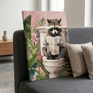 Impression sur toile de raton laveur amusant aux toilettes, affiche humoristique <span class=keywords><strong>d</strong></span>'animal lisant un journal, images <span class=keywords><strong>d</strong></span>écoratives tropicales roses pour salle de bain - Product Image 1