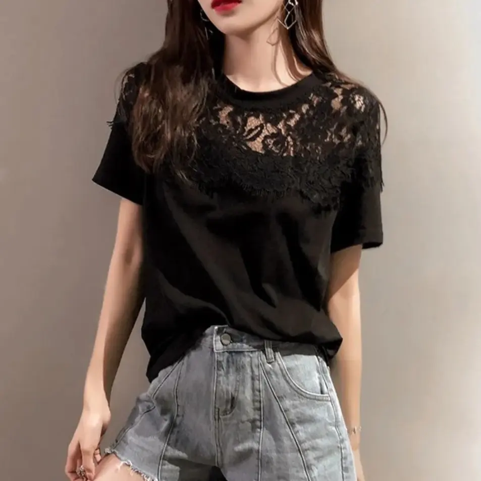 2024 moda tops damas manga corta casual encaje Camisetas Mujer blusa