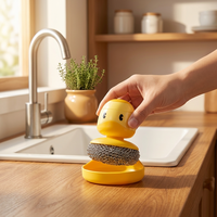 Brosse à vaisselle mignonne en forme de canard avec poils en nylon et tête de brosse en fil d'acier, manche en plastique et raclette pour le nettoyage de la cuisine