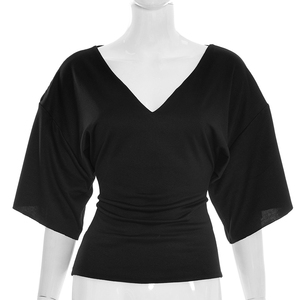 Viviblook Y26TP058 Women Summer T-<b>Shirt</b> New Solid Color V-Neck Trumpet Short Sleeved Slim Fit T-<b>Shirt</b> Top for Ladies - Product Image 1