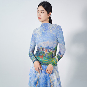 Pleated Độc Đáo Của Phụ Nữ Hai-Mảnh Thiết Lập Giản Dị Thanh Lịch Mắt Cá Chân Chiều Dài Váy Và Top In Vải Polyester Đàn Hồi Cho Mùa Thu - Product Image 6