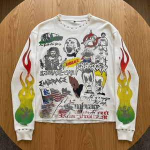 Men's <b>Long</b> <b>Sleeve</b> Printed Knitted <b>T</b>-<b>Shirt</b> O-Neck Street Style Cartoon Pattern <b>White</b> Oversized 100% Cotton Breathable - Product Image 1