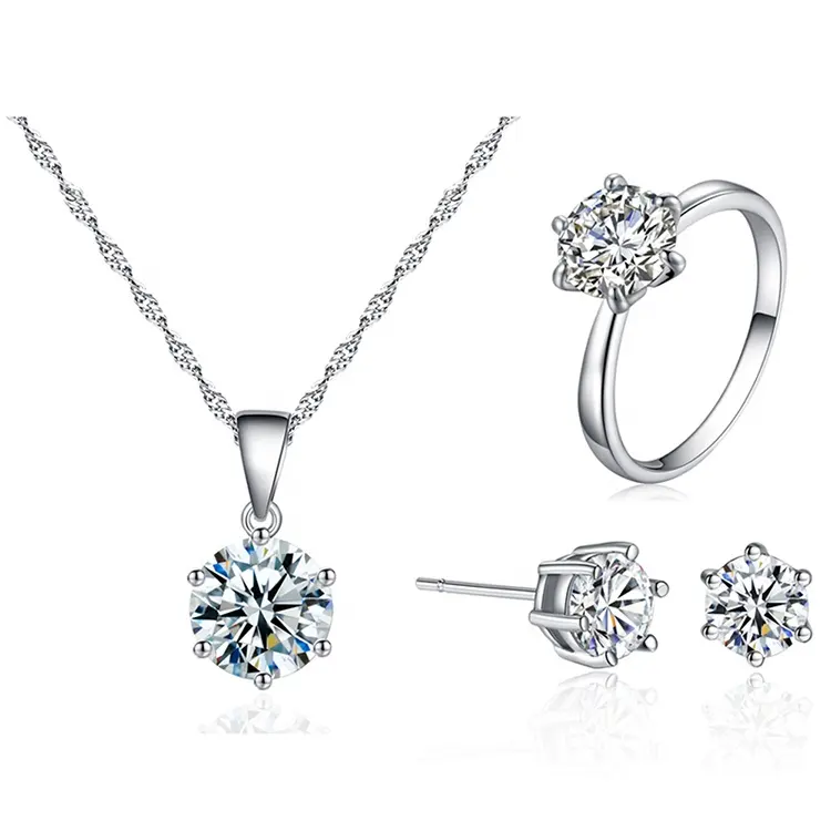 Set Perhiasan Pengantin Sederhana, Set Kalung Anting, Cincin Zirkon Kubik 6 Cakar Perak Pernikahan