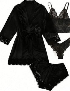 Ensemble de pyjama sexy quatre pièces en satin de viscose tissé respirant pour femme, taille élastique, séchage rapide, manches courtes, ODM Front - Product Image 4