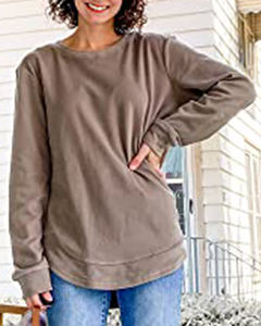 Automne/hiver 2025 nouveau doux solide ample décontracté Street Style soeurs femmes Vintage col rond surdimensionné chemise à manches longues - Product Image 1