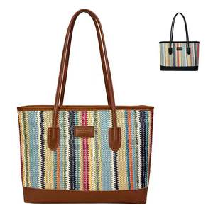 Bolso de playa acolchado de paja con diseño de empalmes, estilo casual, portátil, de hombro, para vacaciones de verano - Product Image 1