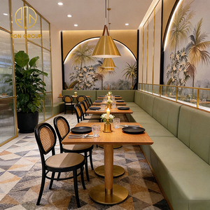 Canapé d'angle rembourré vert écologique de luxe léger, ensemble table carrée en bois et chaises, mobilier pour café et restaurant - Product Image 5
