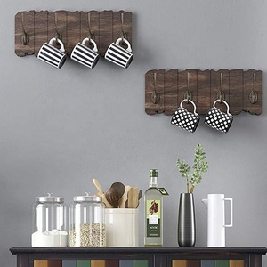 Perchero montado en la pared de madera marrón rústico de entrada con 4 ganchos dobles para pasillo - Product Image 4