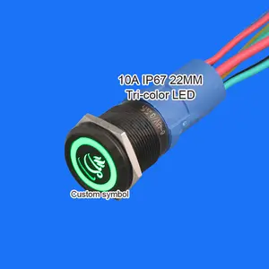 Produk listrik tahan air ip67 1no1nc kustom logo cincin hijau led logam hitam cangkang 24v tombol dorong industri dengan koneksi