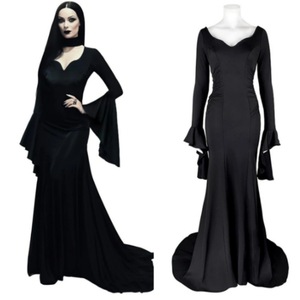 Robe longue gothique noire style sirène, tenue de cosplay Morticia Addams, manches évasées, costume de soirée d'Halloween - Product Image 1
