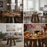 Table Ronde en Bois pour la Maison, l'Hôtel, le Restaurant, Table de Cuisine Commerciale Rétro avec Base Robuste pour 4-6 Personnes, Table à Dîner Circulaire
