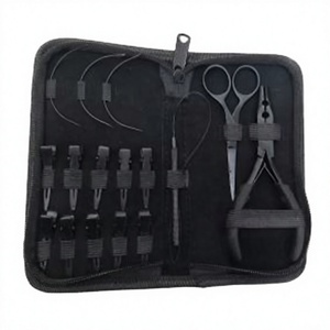 Kit d'outils pour extensions de cheveux en acier inoxydable noir mat, pinces, micro-anneaux, aiguilles à boucle, clips à maintien fort - Product Image 1