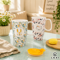 Ensemble de tasses de voyage en porcelaine avec motifs de lapin et de chat, 2 tasses à café avec couvercle, imprimé floral botanique, logo personnalisé, vente en gros, cadeau