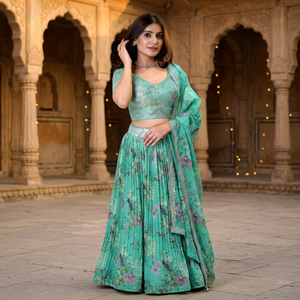 Prayosha Export Elegant Multicolor Floral Print Lehenga with Organza <b>Material</b> Subtle <b>Sequin</b> Zari Embroidery for Evening Wear - Product Image 3