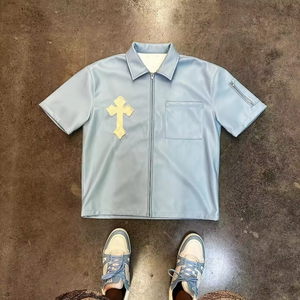 <span class=keywords><strong>Camicia</strong></span> in finta pelle da uomo personalizzata di alta qualità <span class=keywords><strong>giacca</strong></span> con Zip ricamata toppa manica corta con tasca sul petto - Product Image 2