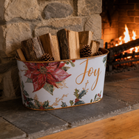 Ember Logam Oval Bermotif Poinsettia Holly dengan Pinggiran Emas untuk Menyimpan Buah, Camilan, Hadiah, dan Dekorasi Taman, Selamat Natal