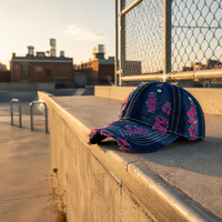 Vintage gescheurde 100% katoenen denim baseballcap, gewassen, roze, met rafelranden, contrast stiksels, verstelbare sportcap