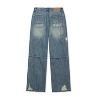 Jean en denim personnalisé pour homme, double épaisseur aux genoux, bleu délavé vintage, coupe ample à jambe large, bords bruts, déchiré, coutures renforcées, vente en gros
