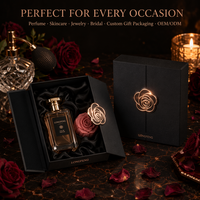 Boîte cadeau haut de gamme personnalisée à double porte pliante, noir mat, avec motif artistique en or rose et fermeture magnétique, pour emballage de bijoux de mariage