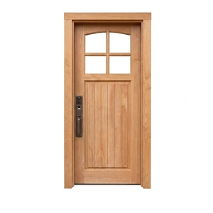 Porte d'entrée en bois massif avec vitre à 4 panneaux arquée, lattes verticales et serrure intelligente, style artisanat américain - Product Image 1
