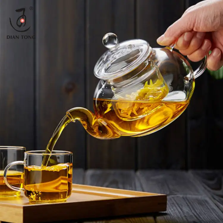 DianTong 600 مللي 800 مللي الحرارة مقاومة واضح أبريق شاي من زجاج بوروسيليليك بيركس أبريق شاي زجاجي مع مقطر زجاجي و دفئا