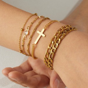 Cross Pattern Gold Plated Stainless Steel <b>Bracelet</b> <b>Set</b> Unisex Jewelry Fashion Accessory - Product Image 1