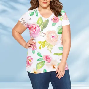 新款设计夏季女式t恤花朵3D时尚印花印花t恤女式短袖上衣超大t恤