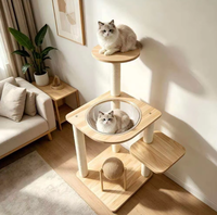 Arbre à chat moderne en bois avec bol transparent, griffoir multi-niveaux en sisal pour chats d'intérieur