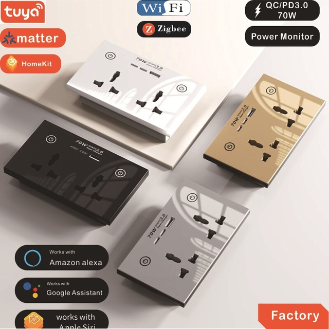 Tuya Smart Socket UK Plug WiFi Zigbee Power Monitor Outlet with 70W USB C Fast Charging QC PD 3.0