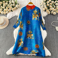 Robes Rétro Élégantes pour Femme – Robe Longue Plissée Imprimée Extensible à Manches Longues, Style Jeune et Tendance, Jupe Cardigan