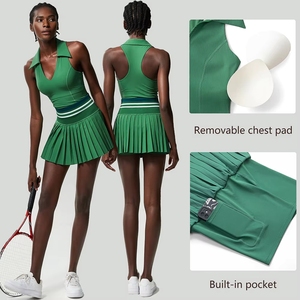 Ensemble 2 pièces pour femmes : Robe <span class=keywords><strong>de</strong></span> tennis côtelée style polo et jupe plissée <span class=keywords><strong>taille</strong></span> haute, avec crop top sans manches dos nageur rembourré, tenue <span class=keywords><strong>de</strong></span> <span class=keywords><strong>golf</strong></span> et d'entraînement - Product Image 3