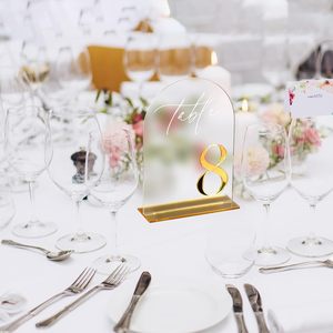Numéros de table de mariage <span class=keywords><strong>HOODO</strong></span> en acrylique givré en forme d'arche, chiffres dorés 3D de 1 à 20 avec supports, montage sur table 5x7, orientation portrait - Product Image 6