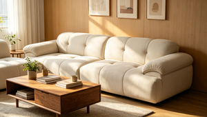 Sofá Cama Minimalista de Tela Crema con Respaldo Acolchado y Brazos Enrollados, Sofá de Tres Plazas para Sala de Estar - Product Image 4