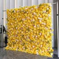 Dinding Latar Belakang Mawar Kuning Buatan 3D Kain Gulung Panel Bunga Buatan Dekorasi