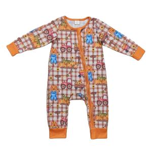 RTS orange pumpkin truck print Jumpsuit for Kids Long Sleeve Infant Boy Wholesale Romper - Product Image 1