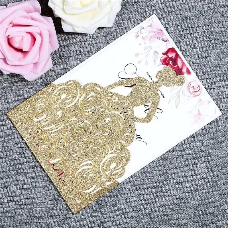 Factory Promotion elegant laser cut pocket luxury wedding invitations