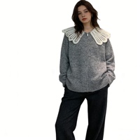 Modischer Damen-Cardigan mit Besticktem Spitzenkragen und Reißverschluss Übergroßer Langarm-Strickpullover in Grau Herbst-Winter-Mantel