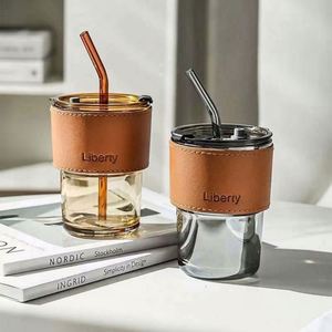 400ml Bamboo-Styled Viral <b>Coffee</b> Milk Gift <b>Cup</b> with Leather Sleeve Heat Insulation Glass <b>Straw</b> and Washer for Restaurants Hotels - Product Image 2